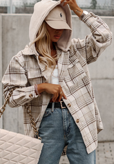 Plaid Removable Hood Button Up Jacket OutfitFlow